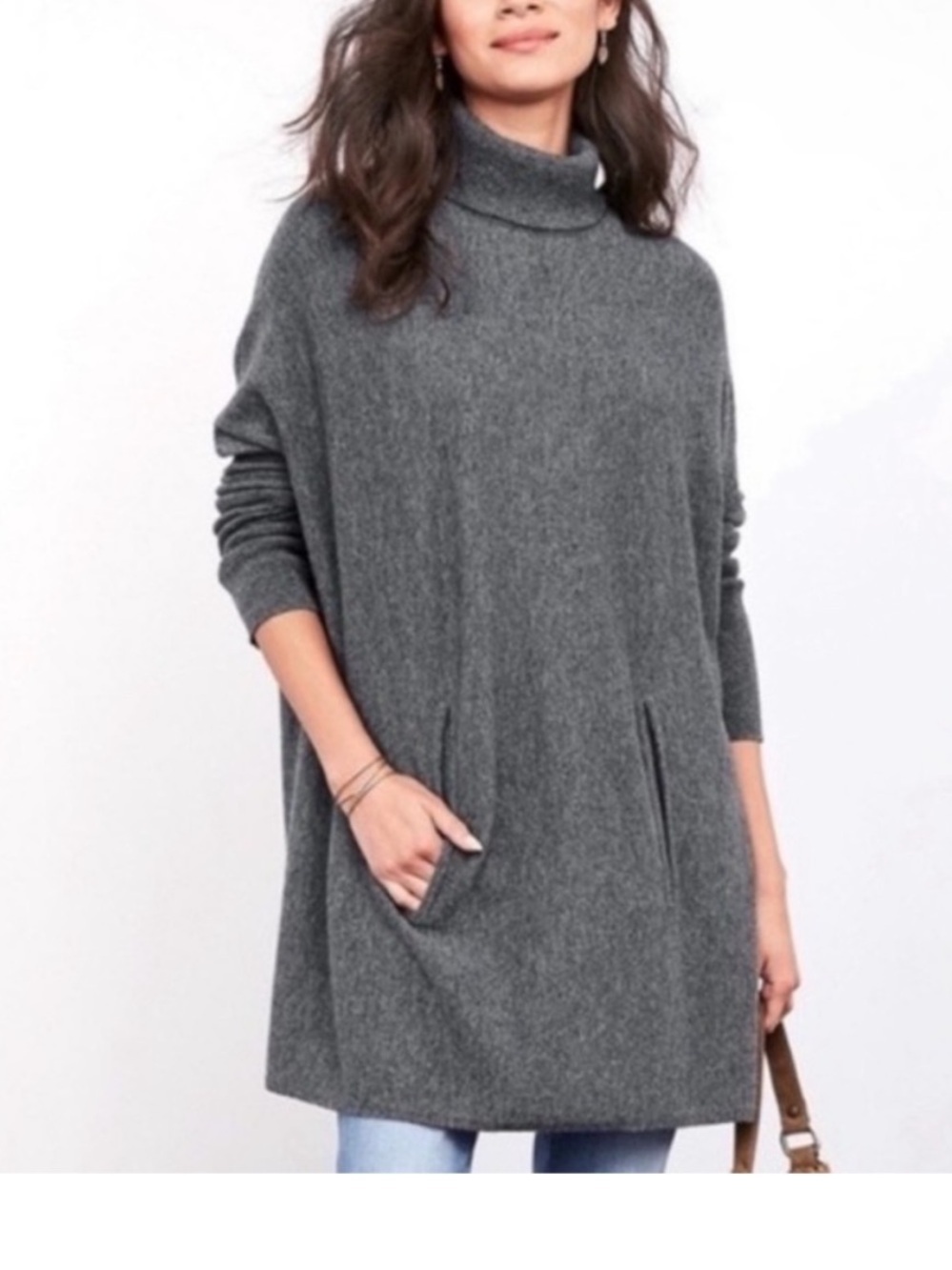 Garnet Hill Turtleneck Sweater Wool Cashmere Blend Tunic Pockets oversized XS